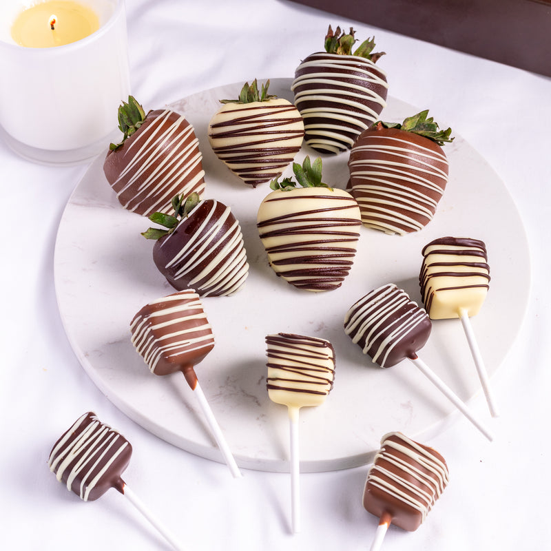 Gourmet Hand-Dipped Belgian Chocolate Strawberries & Cheesecake Pops